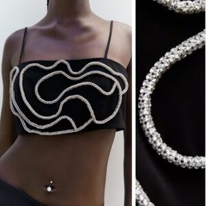 ZARA Rhinestone Black Strappy Crop Top